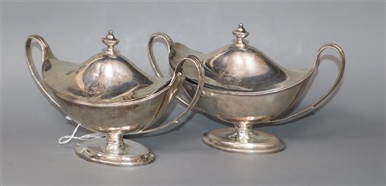 A pair of George III silver two handled boat shaped pedestal sauce tureens and covers, London, 1796 (a.f.), gross 29 oz.